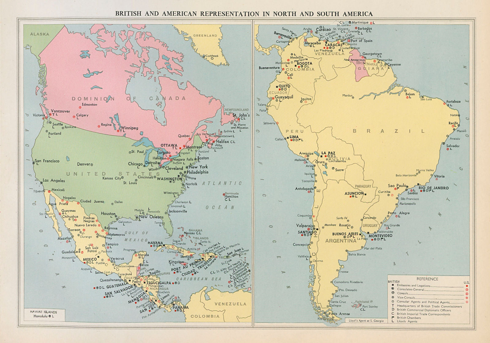 British & American Diplomatic Representation in North & South America 1952 map